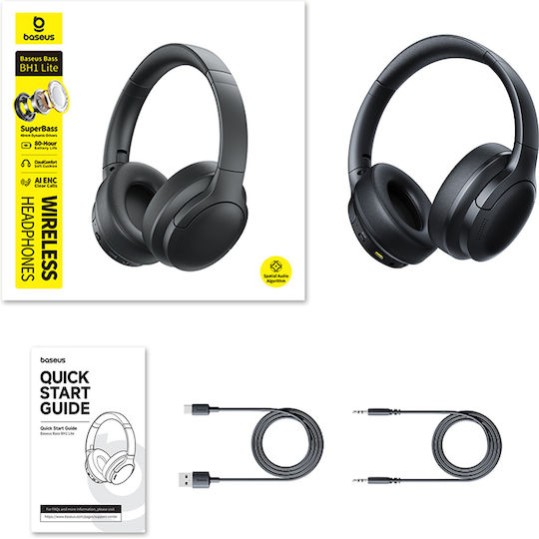 Baseus Bass BH1 Lite Ασύρματα / Ενσύρματα Over Ear Ακουστικά με 80 ώρες Λειτουργίας Μαύρα