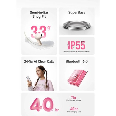 Baseus Bass BS2 Lite In-ear Bluetooth Handsfree Ακουστικά με Αντοχή στον Ιδρώτα και Θήκη Φόρτισης Cosmic Black