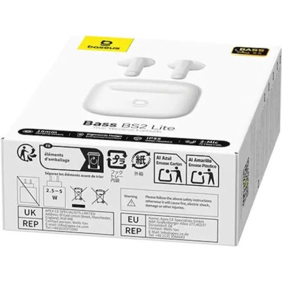 Baseus Bass BS2 Lite In-ear Bluetooth Handsfree Ακουστικά με Αντοχή στον Ιδρώτα και Θήκη Φόρτισης Λευκά