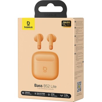 Baseus Bass BS2 Lite In-ear Bluetooth Handsfree Ακουστικά με Αντοχή στον Ιδρώτα και Θήκη Φόρτισης Πορτοκαλί