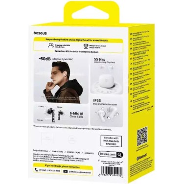 Baseus Bass BP1 Pro In-ear Bluetooth Handsfree Ακουστικά με Αντοχή στον Ιδρώτα και Θήκη Φόρτισης Λευκά