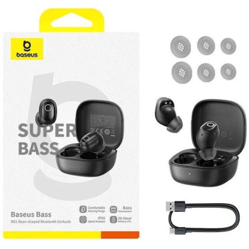 Baseus Bass BD1 In-ear Bluetooth Handsfree Ακουστικά με Αντοχή στον Ιδρώτα και Θήκη Φόρτισης Cosmic Black