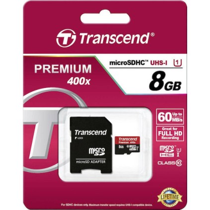 Transcend Premium 400x microSDHC 8GB U1 UHS-I με αντάπτορα