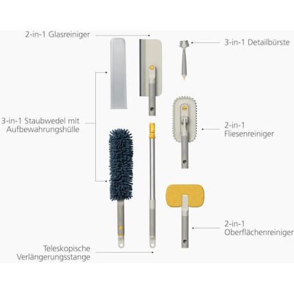 Joseph Joseph Cleantech Cleaning Set 5 Cleaning Tools + Extendable Handle Glass Tiles Surfaces Extension