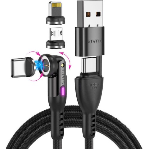 Statik Magnetic / Braided USB to Type-C / micro USB / Lightning Cable Μαύρο 2m PUP-0520-6FT