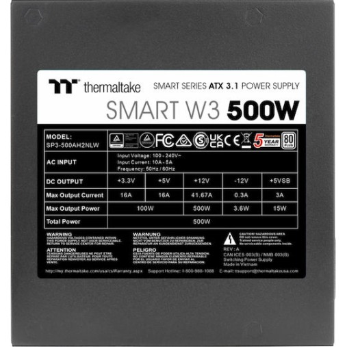 Thermaltake Smart W3 500W Μαύρο Τροφοδοτικό Υπολογιστή Full Wired 80 Plus Standard