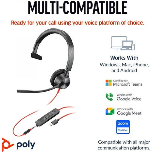 Poly Blackwire 3315 On Ear Multimedia Ακουστικά με μικρόφωνο και σύνδεση 3.5mm Jack / USB-C