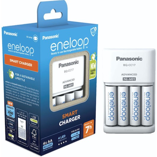 Panasonic Eneloop Advanced BQ-CC17 Φορτιστής 4 Μπαταριών Ni-MH Μεγέθους AA/AAA Σετ με 4x AA 2000mAh σε Λευκό χρώμα