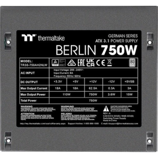Thermaltake Berlin 750W Μαύρο Τροφοδοτικό Υπολογιστή Full Wired