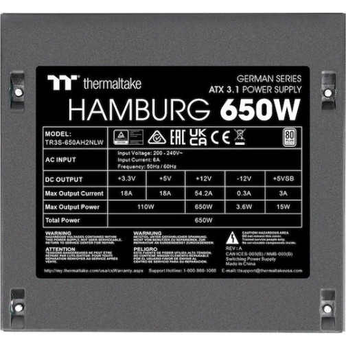 Thermaltake Hamburg 650W Μαύρο Τροφοδοτικό Υπολογιστή Full Wired