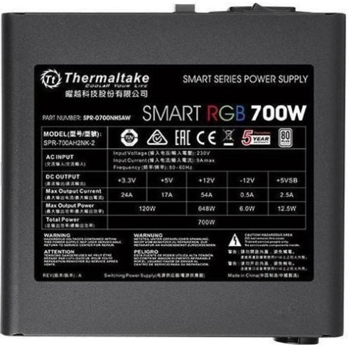 Thermaltake Smart W3 700W Μαύρο Τροφοδοτικό Υπολογιστή Full Wired 80 Plus Standard