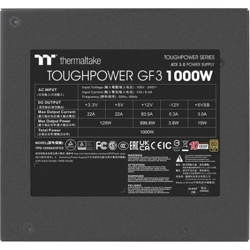 Thermaltake ToughPower GF3 1000W Μαύρο Τροφοδοτικό Υπολογιστή Full Modular 80 Plus Gold