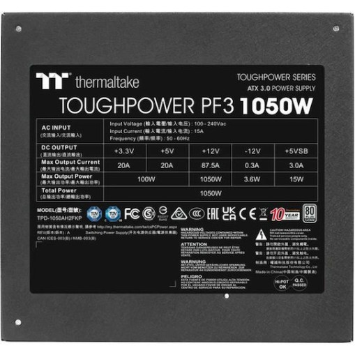 Thermaltake Toughpower PF3 1050W Μαύρο Τροφοδοτικό Υπολογιστή Full Modular 80 Plus Platinum