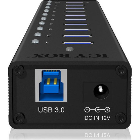 Icy Box USB 3.0 Hub 10 Θυρών με σύνδεση USB-A & Θύρα Φόρτισης και Εξωτερική Παροχή Ρεύματος