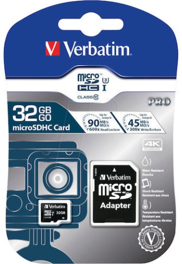 Verbatim Pro microSDHC 32GB Class 10 U3 UHS-I με αντάπτορα