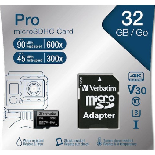 Verbatim Pro microSDHC 32GB Class 10 U3 UHS-I με αντάπτορα