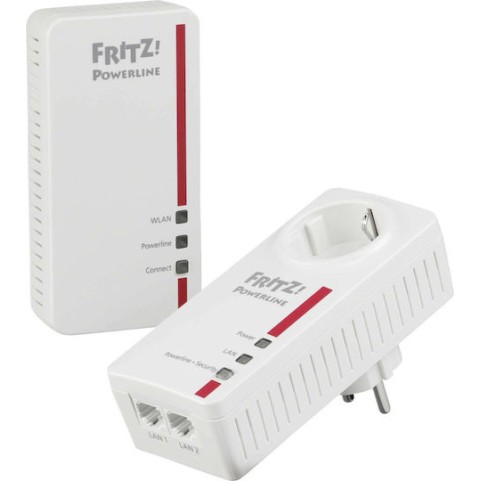 AVM Fritz!Powerline 1260E Powerline Διπλού Kit για Ασύρματη Σύνδεση Wi‑Fi 5 με Passthrough Πρίζα και 2 Θύρες Gigabit Ethernet