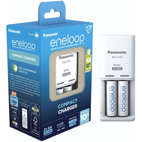 Panasonic Eneloop Compact BQ-CC50 Φορτιστής 2 Μπαταριών Ni-MH Μεγέθους AA Σετ με 2x AA 2000mAh σε Λευκό χρώμα