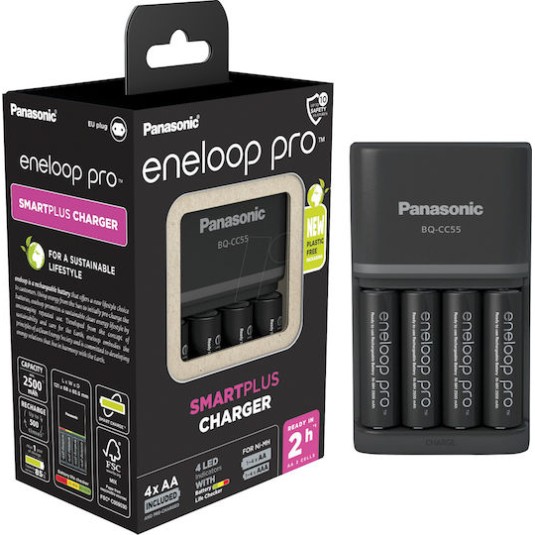 Panasonic Eneloop Pro Smart Plus BQ-CC55 Φορτιστής 4 Μπαταριών Ni-MH Μεγέθους AA/AAA Σετ με 4x AA 2500mAh