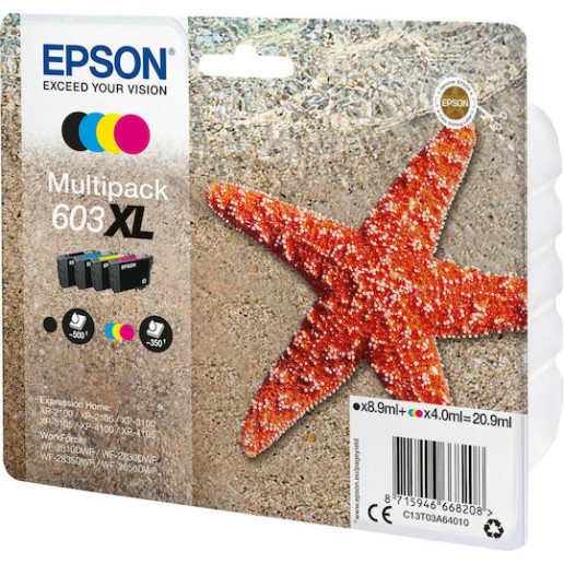 Epson 603XL Γνήσιο Πακέτο 4 Μελανιών Εκτυπωτή InkJet Κίτρινο / Κυανό / Ματζέντα / Μαύρο (C13T03A64010)