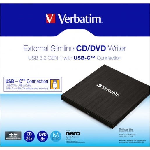 Verbatim Εξωτερικός Οδηγός Εγγραφής/Ανάγνωσης DVD/CD για Laptop / Desktop Μαύρο