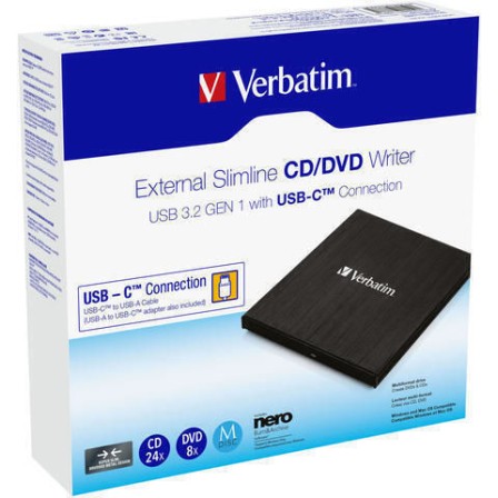 Verbatim External Slimline Εξωτερικός Οδηγός Εγγραφής/Ανάγνωσης DVD/CD για Desktop / Laptop Μαύρο