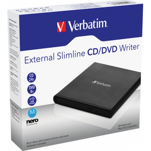 Verbatim External Slimline Εξωτερικός Οδηγός Εγγραφής/Ανάγνωσης DVD/CD για Desktop / Laptop Μαύρο