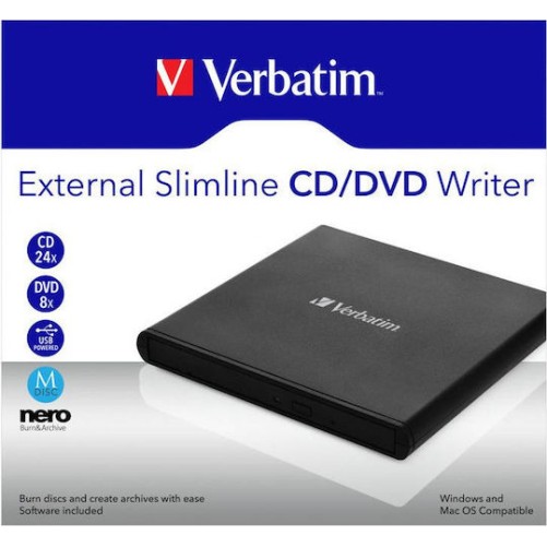 Verbatim External Slimline Εξωτερικός Οδηγός Εγγραφής/Ανάγνωσης DVD/CD για Desktop / Laptop Μαύρο
