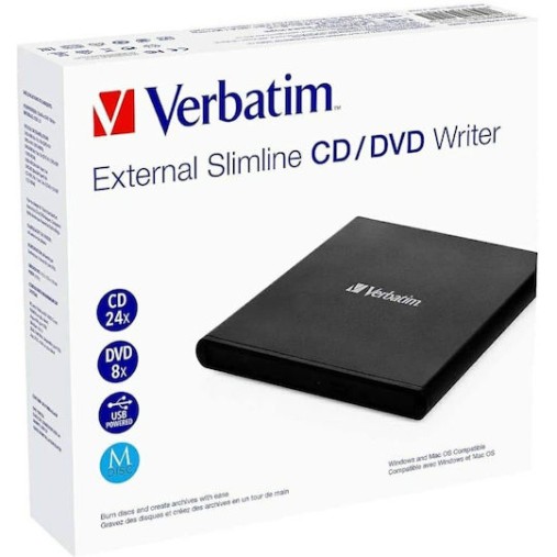 Verbatim External Slimline Εξωτερικός Οδηγός Εγγραφής/Ανάγνωσης DVD/CD για Desktop / Laptop Μαύρο