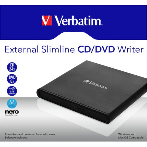 Verbatim External Slimline Εξωτερικός Οδηγός Εγγραφής/Ανάγνωσης DVD/CD για Desktop / Laptop Μαύρο