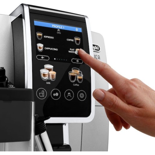 De'Longhi Dinamica Plus Αυτόματη Μηχανή Espresso 1450W Πίεσης 15bar για Cappuccino με Μύλο Άλεσης Ασημί