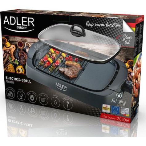 Adler AD-6610 Επιτραπέζια Ηλεκτρική Ψησταριά Σχάρας και Λείας Πλάκας 3000W με Καπάκι και Ρυθμιζόμενο Θερμοστάτη 40x30εκ.