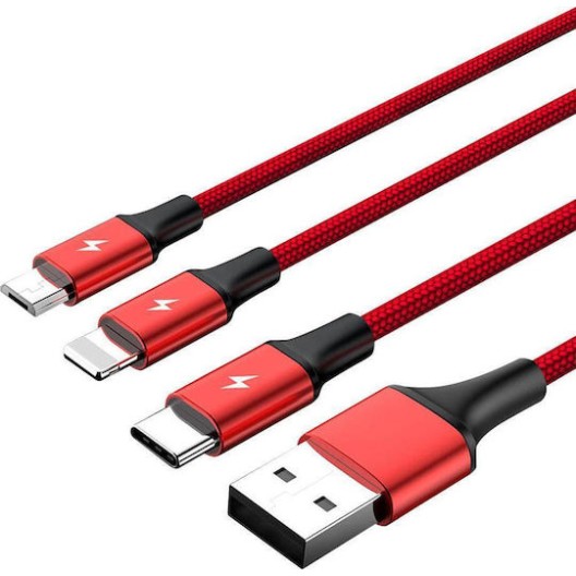 Unitek Braided USB to Lightning / Type-C / micro USB Cable 3A Κόκκινο 1.2m (C4049RD)