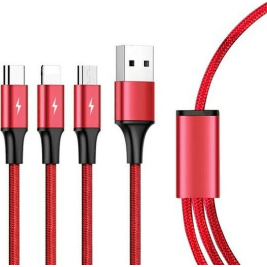 Unitek Braided USB to Lightning / Type-C / micro USB Cable 3A Κόκκινο 1.2m (C4049RD)