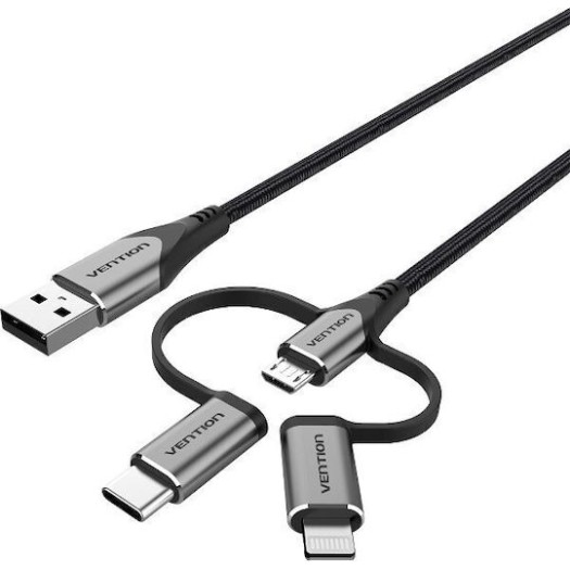 Vention Braided USB to micro USB / Type-C / Lightning Cable 2A Γκρι 1m CQJHF