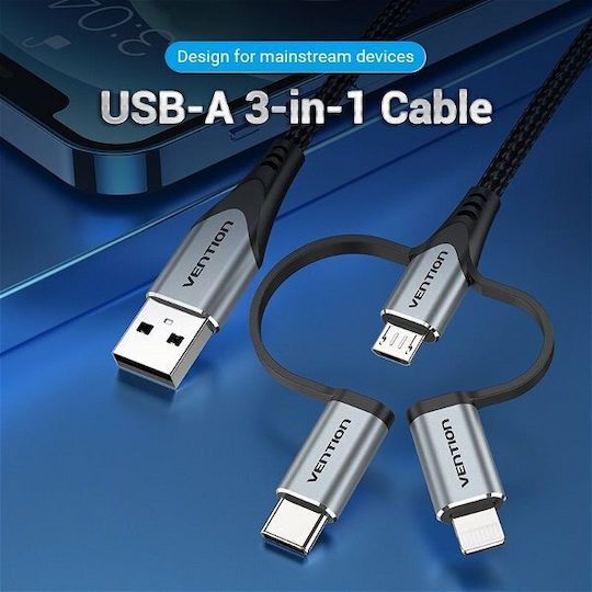 Vention Braided USB to micro USB / Type-C / Lightning Cable 2A Γκρι 1m CQJHF