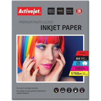 Active Jet Φωτογραφικό Χαρτί Gloss A4 (21x30) 200gr/m² για Εκτυπωτές Inkjet 20 Φύλλα