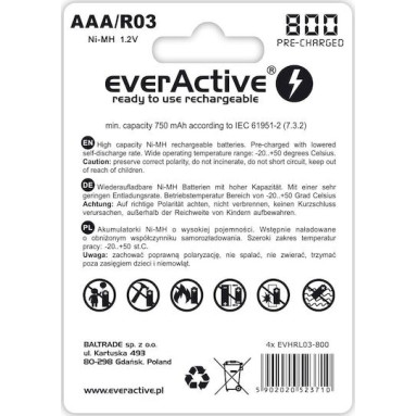 everActive Silver Line Επαναφορτιζόμενες Μπαταρίες AAA Ni-MH 800mAh 1.2V 4τμχ