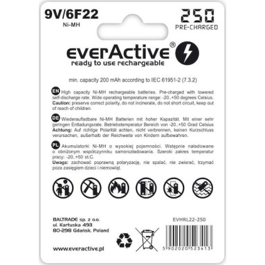 everActive Silver Line Επαναφορτιζόμενη Μπαταρία 9V Ni-MH 250mAh 1τμχ