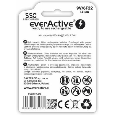 everActive Professional Επαναφορτιζόμενη Μπαταρία 9V Li-ion 500mAh 1τμχ