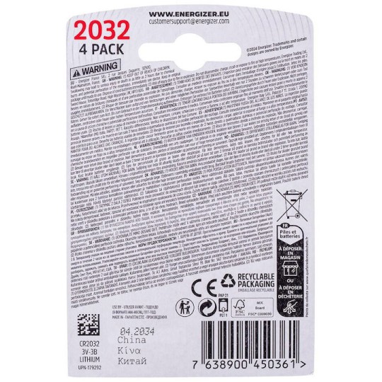 Energizer Μπαταρίες Λιθίου Ρολογιών CR2032 3V 4τμχ