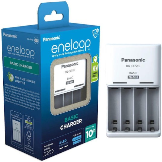 Panasonic Eneloop Basic BQ-CC51 Φορτιστής 4 Μπαταριών Ni-MH Μεγέθους AA/AAA σε Λευκό χρώμα