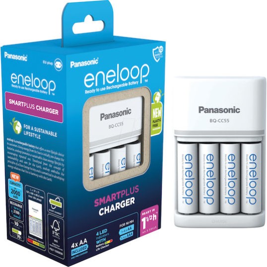 Panasonic Eneloop Smartplus BQ-CC55E Φορτιστής 4 Μπαταριών Ni-MH Μεγέθους AA/AAA Σετ με 4x AA 2000mAh σε Λευκό χρώμα