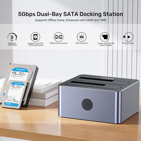 Unitek Sata6g Dual Bay Hdd Docking Station Alum Black Y-3026