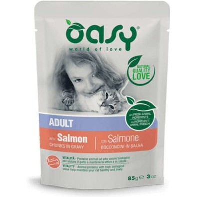 Oasy Chunks In Gravy Υγρή Τροφή για Ενήλικες Γάτες σε Φακελάκι με Σολομό 85gr