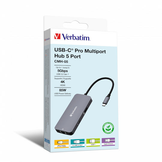 Verbatim USB-C Pro CMH-05 USB-C Docking Station με HDMI 4K PD Ethernet Γκρι