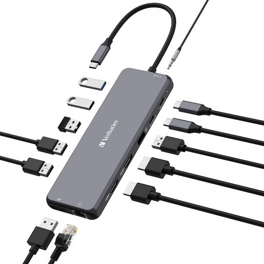 Verbatim CMH-13 USB-C Docking Station με HDMI/DisplayPort 4K PD Ethernet και σύνδεση 3 Οθονών Γκρι
