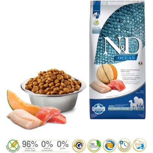 Farmina N&D Ocean Adult Medium & Maxi 12kg Ξηρά Τροφή χωρίς Σιτηρά & Γλουτένη για Ενήλικους Σκύλους Μεσαίων & Μεγαλόσωμων Φυλών με Σολομό