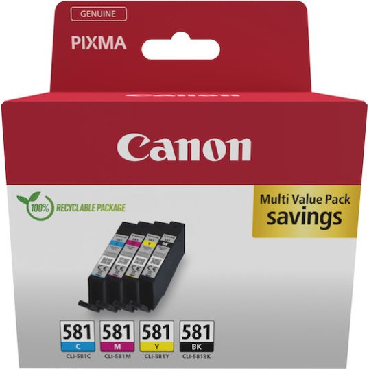 Canon CLI-581 Γνήσιο Πακέτο 4 Μελανιών Εκτυπωτή InkJet Κίτρινο / Κυανό / Ματζέντα / Μαύρο (2103C007)