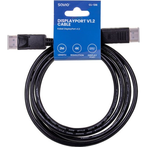 Savio Cable DisplayPort male - DisplayPort male 2m Μαύρο (CL-136)